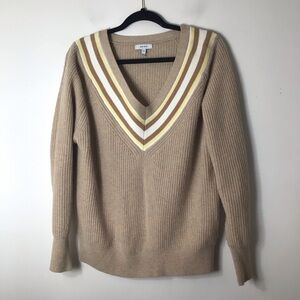 Reiss Camel V-Neck Sweater with Cream and Pale Yellow Stripes medium wool